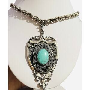 Vintage Turquoise Floral Shield Necklace